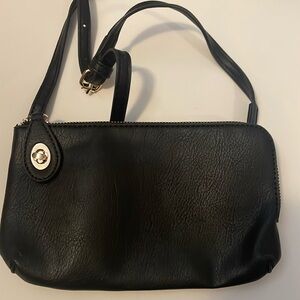 Small black vegan leather crossbody bag, gold tone hardware